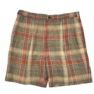 Nautica Skipper 100% Linen Plaid‎ Shorts Men's Size 36 Tan Green Brick Red
